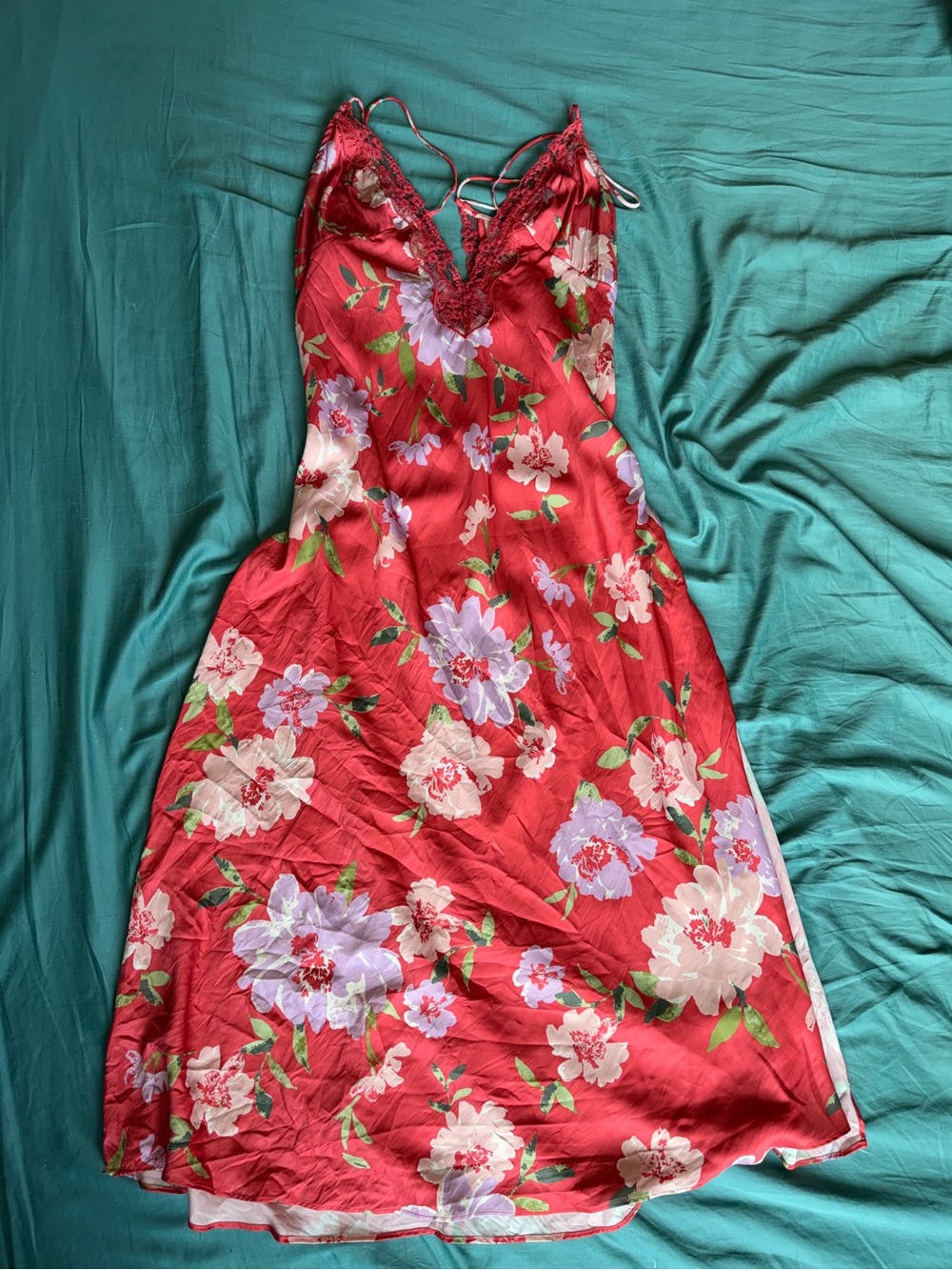 FP Deep Pink Floral Slip Dress with Lace Trim